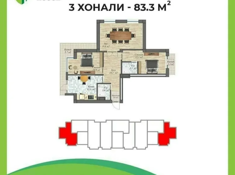 Kvartira 3 xonalar 83 m² Toshkentda