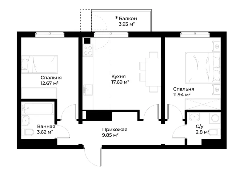 Kvartira 2 xonalar 60 m² Toshkentda