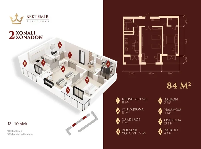 Квартира 2 комнаты 84 м² Ташкент, Узбекистан