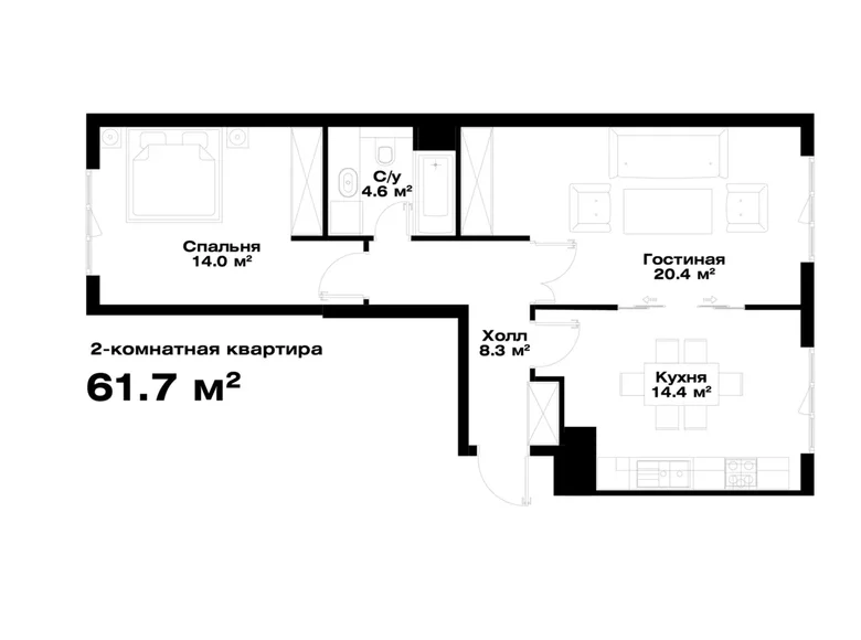 Квартира 2 комнаты 62 м² Ташкент, Узбекистан