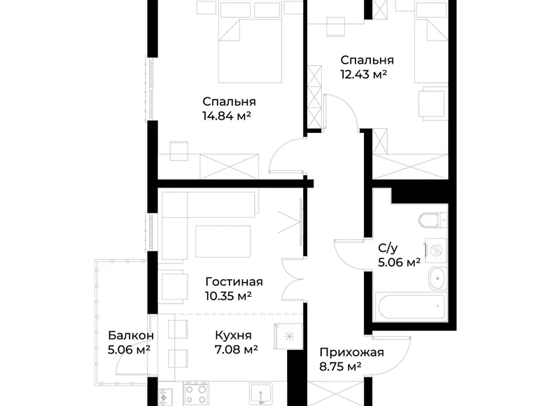 Квартира 2 комнаты 60 м² Ташкент, Узбекистан