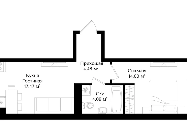 Kvartira 1 xona 43 m² Toshkentda