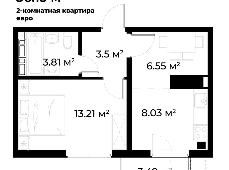 Квартира 1 комната 36 м² Ташкент, Узбекистан