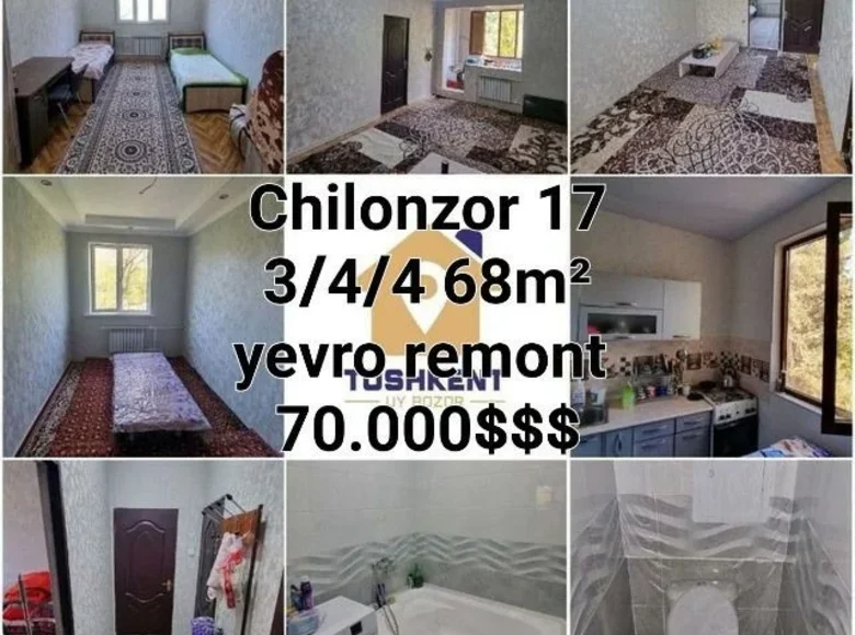 Kvartira 3 xonalar 68 m² Toshkentda