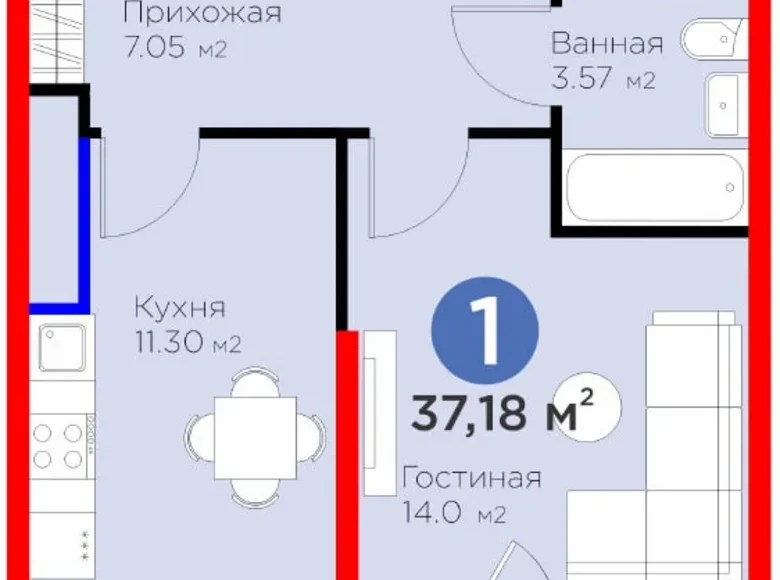 Kvartira 1 xona 37 m² Toshkentda