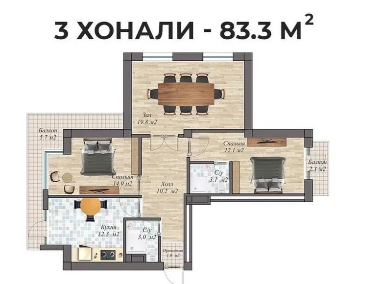 Kvartira 3 xonalar 83 m² Toshkentda