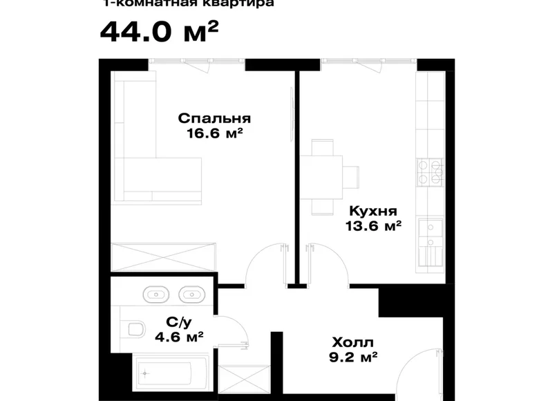 Квартира 1 комната 44 м² Ташкент, Узбекистан