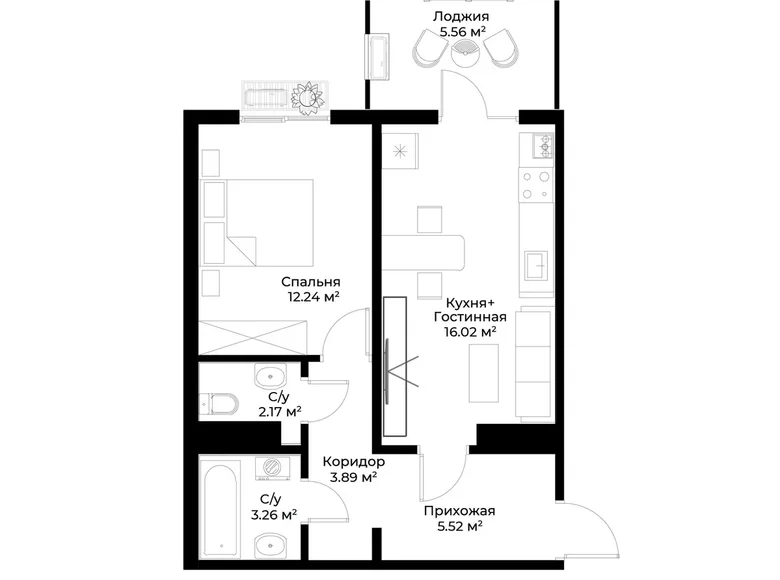 Квартира 1 комната 46 м² Ташкент, Узбекистан