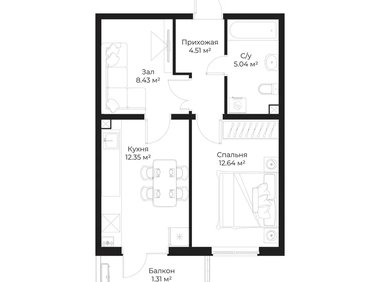 Квартира 2 комнаты 44 м² Ташкент, Узбекистан