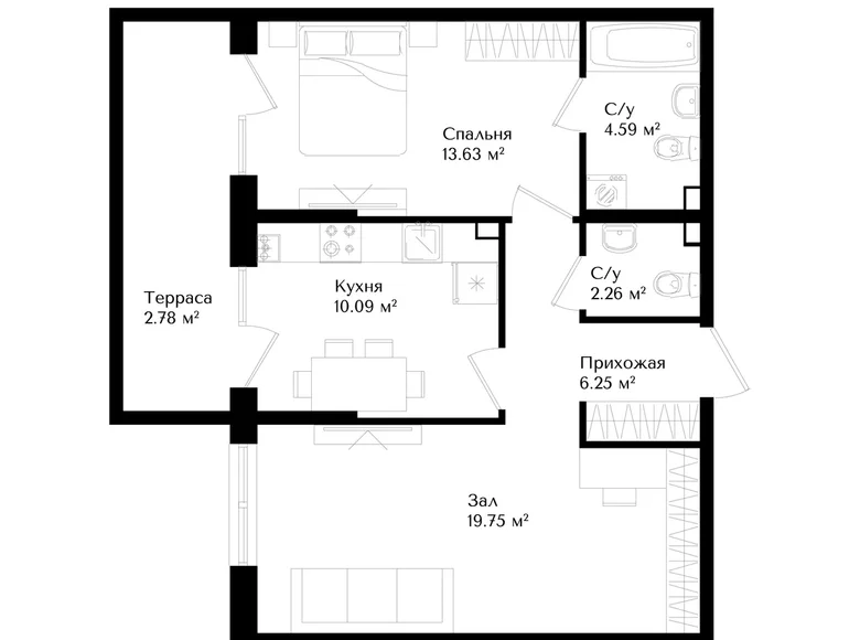 Kvartira 2 xonalar 55 m² Toshkentda