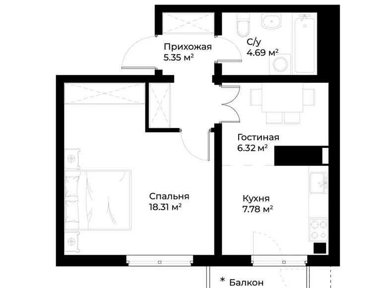 Kvartira 1 xona 43 m² Toshkentda