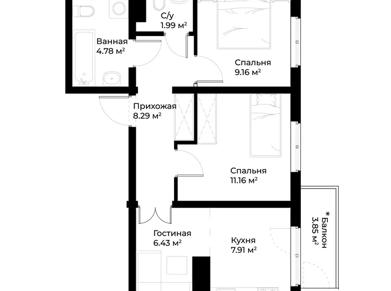 Kvartira 2 xonalar 51 m² Toshkentda