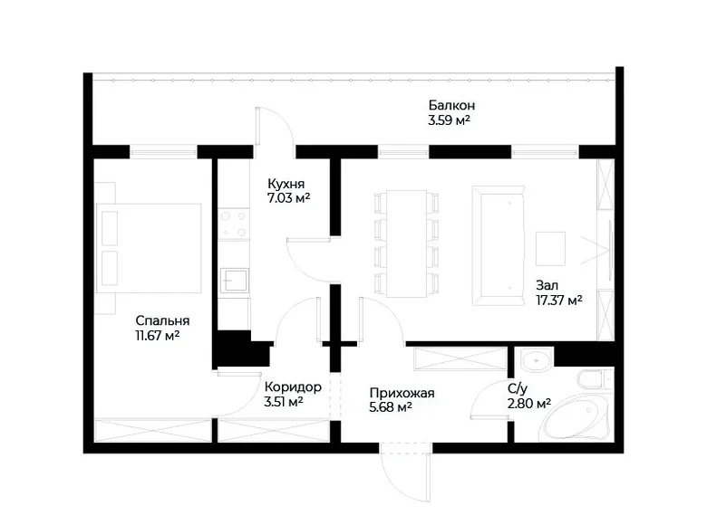 Kvartira 2 xonalar 52 m² Toshkentda