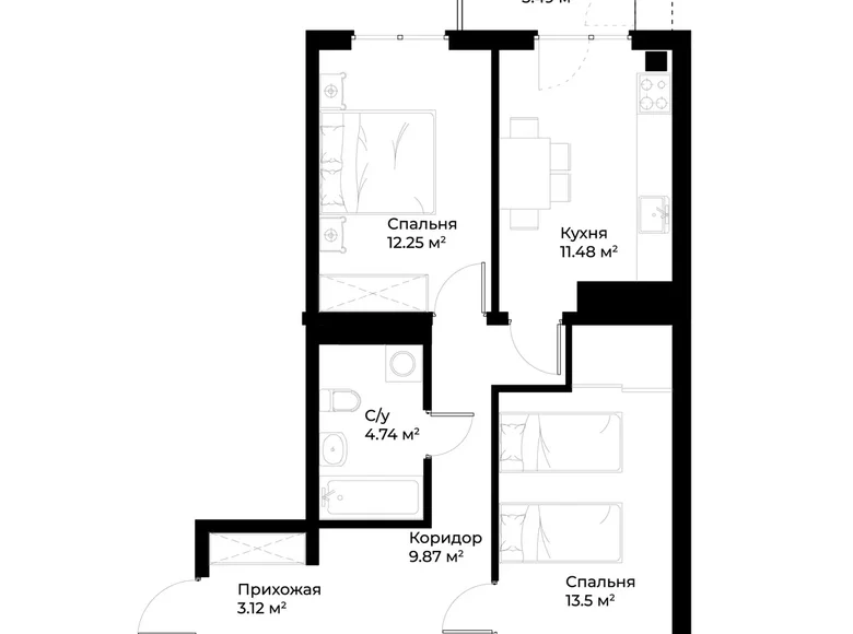 Квартира 2 комнаты 56 м² Ташкент, Узбекистан