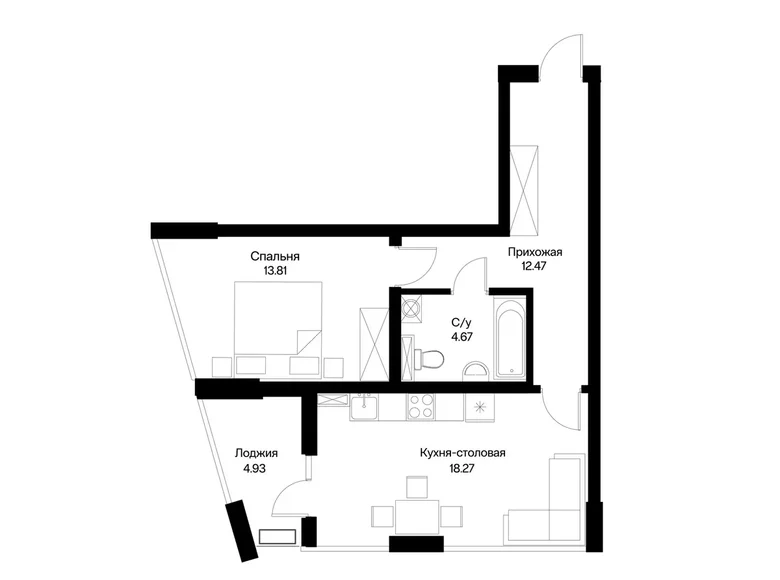 Квартира 1 комната 54 м² Ташкент, Узбекистан