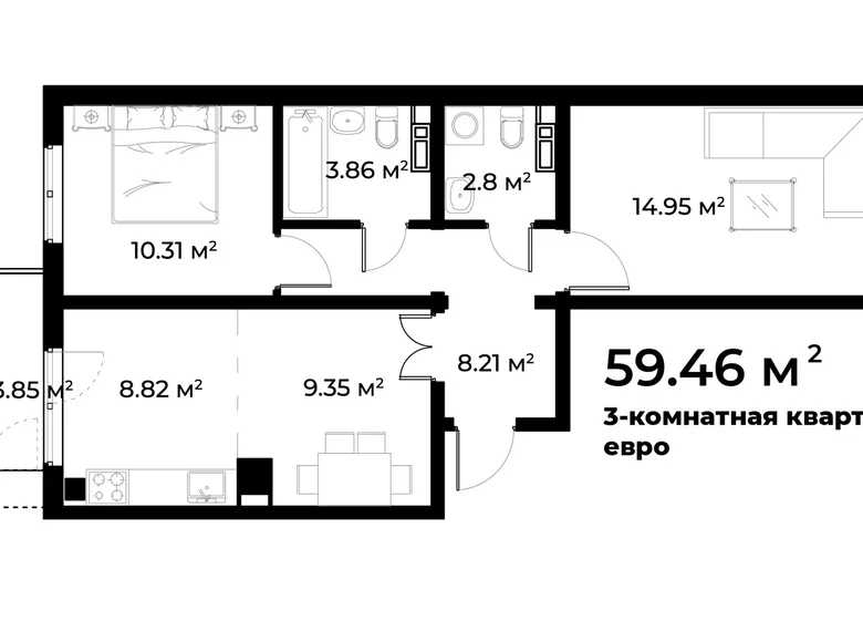 Квартира 2 комнаты 59 м² Ташкент, Узбекистан