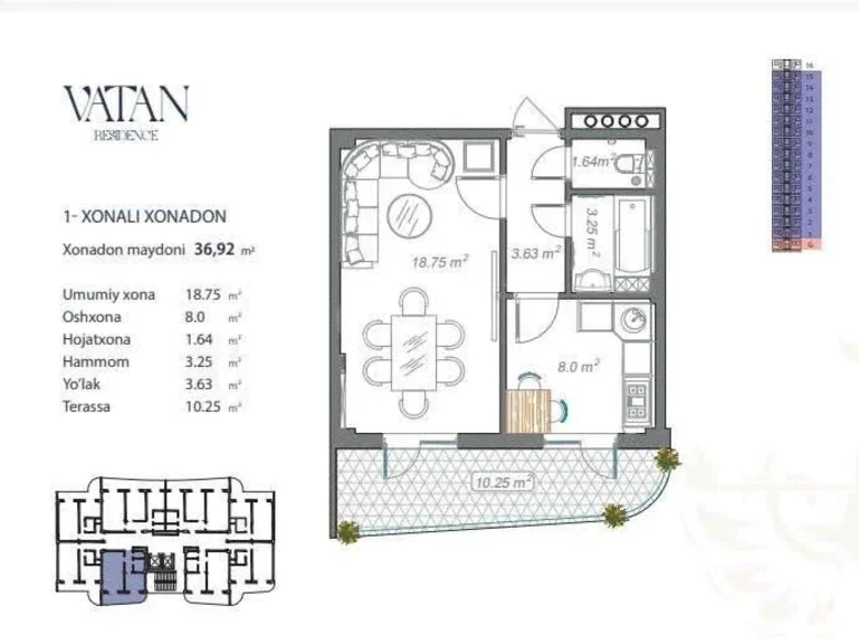 Квартира 47 м² Шайхантаурский район, Узбекистан