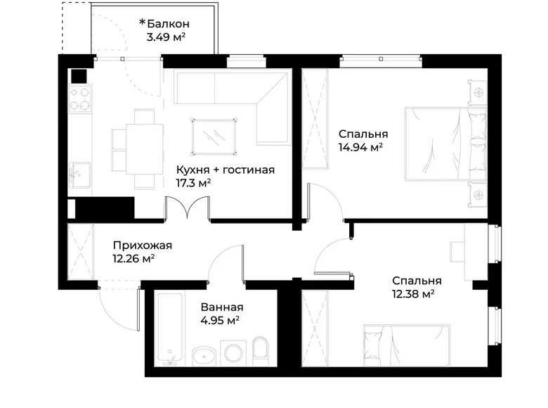 Kvartira 2 xonalar 59 m² Toshkentda