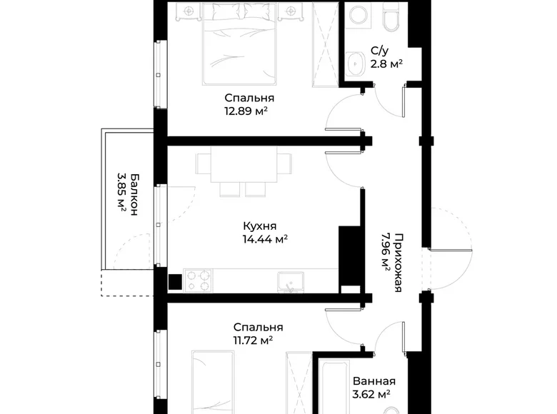 Kvartira 2 xonalar 55 m² Toshkentda