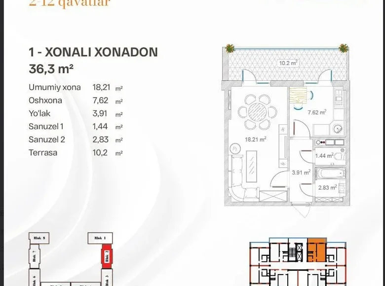 Kvartira 1 xona 36 m² Toshkentda