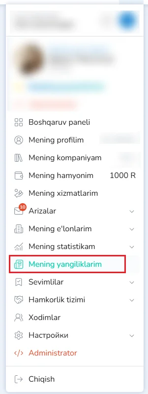 Shaxsiy kabinetdagi “Mening yangiliklarim” bo‘limi